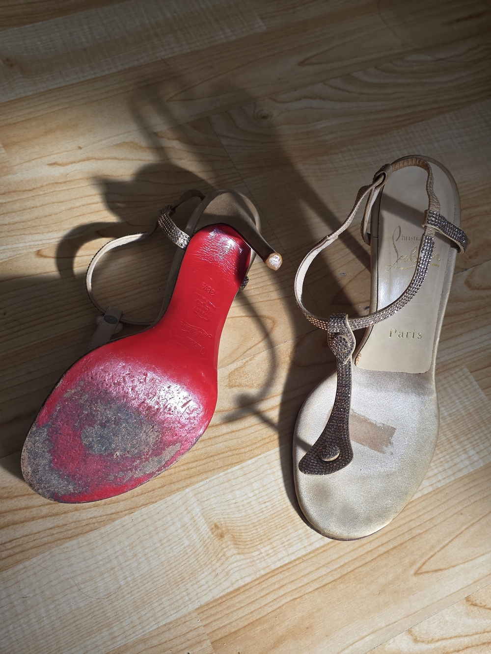 Christian Louboutin Nude Beige T-Strap Sandals with Red Sole